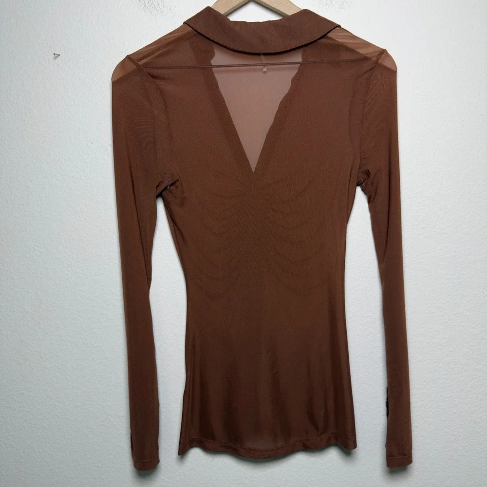 Free People Women Lucky Mesh Shirtee Top XS‎ Brown Mesh Ruched Button Up
